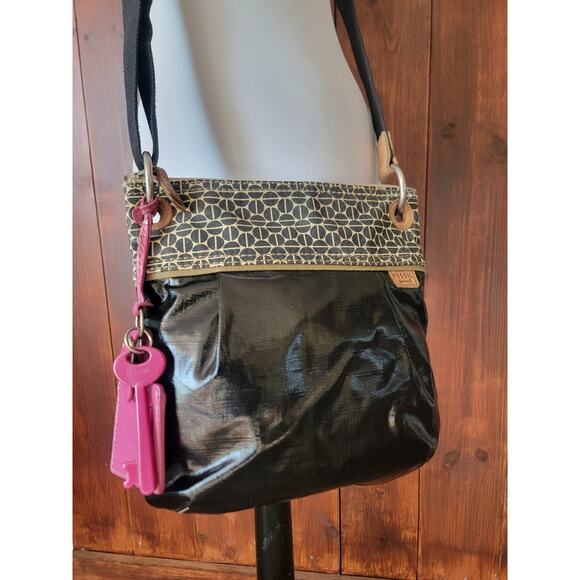 Fossil Key●Per Crossbody Purse Dot Canvas Faux Leather Y2K 2000 Adjustable Strap - Picture 1 of 16